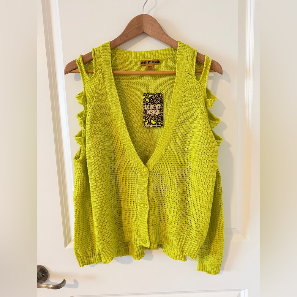 New! Lime green cardigan w/ cold shoulder! Lightweight & great layer piece. SZ M